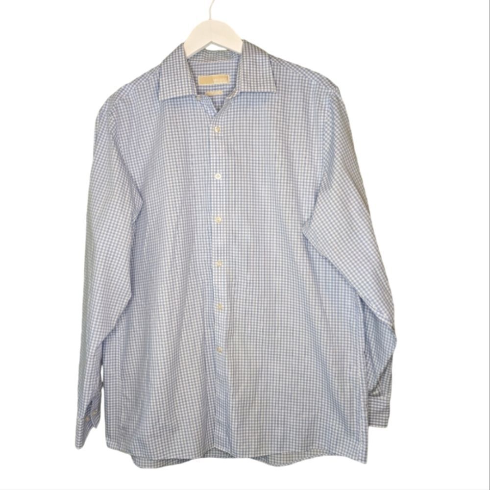 Michael Kors shirt button‎ down long sleeve gingham blue white 16.5 34/35